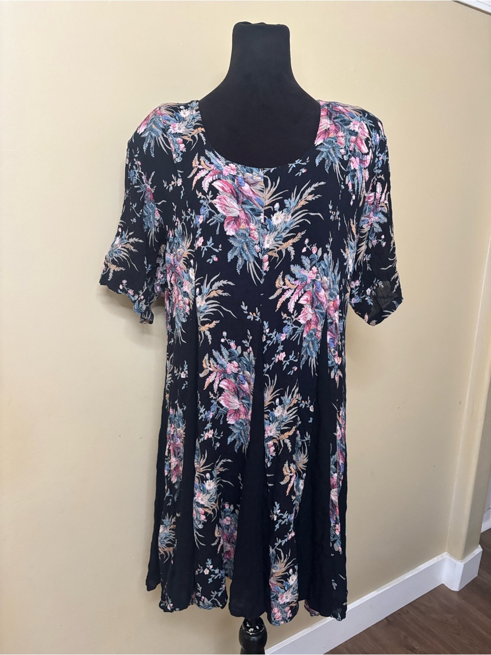 Vintage Nostalgia Black Floral Midi Dress with Pink & Blue Blooms